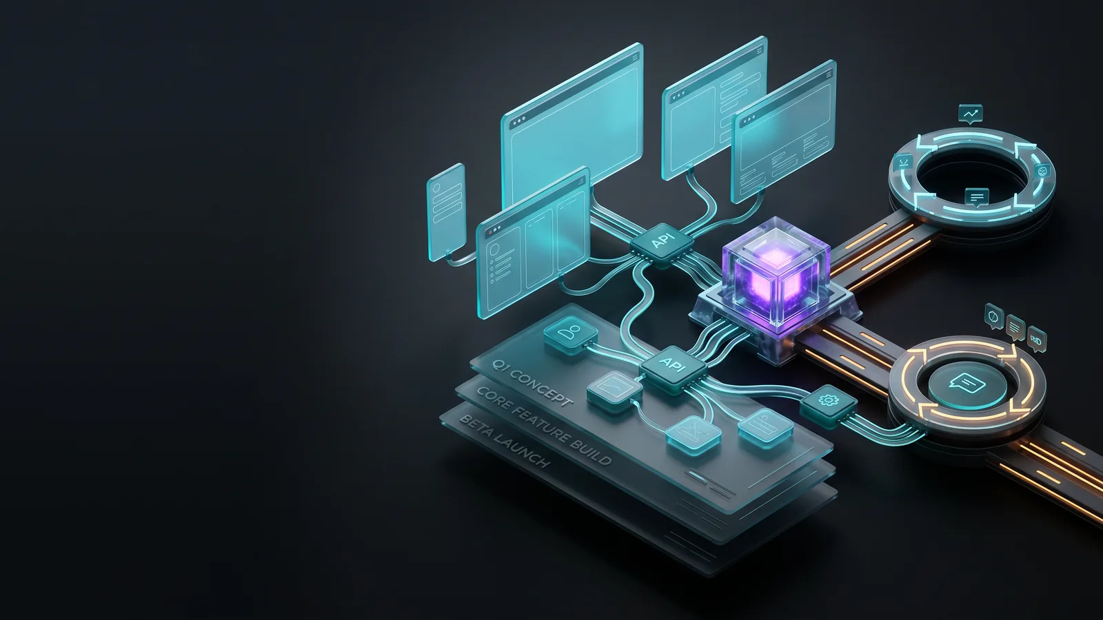 SaaS MVP planning workspace with prototype panels and roadmap cards